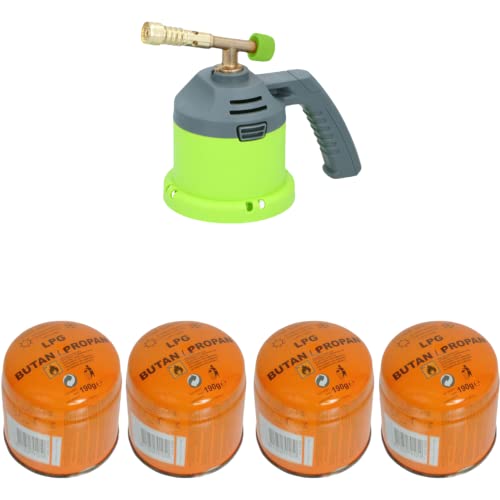 Lámpara de soldar con encendido piezoeléctrico y regulación de llama continua, incluye 4 cartuchos de gas de 190 g, quemador de gas y 4 cartuchos Cover