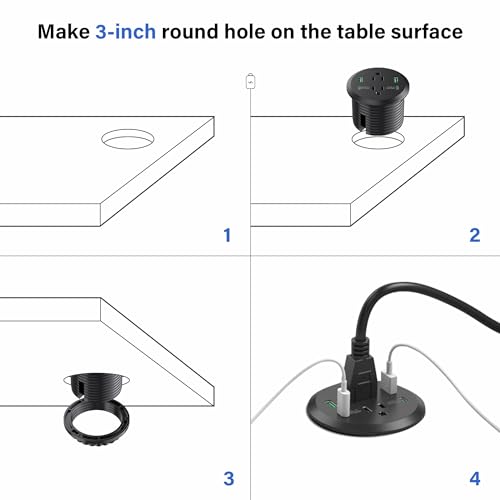 Estación de carga rápida para escritorio con 2 tomas AC, 4 puertos USB (incluyendo 2 PD 20W USB-C), para orificio de 3 pulgadas, cable de 6 pies, marca Jgstkcity miniatura 6