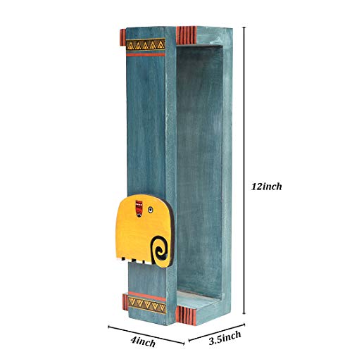 Image of Aakriti Art Creations Madhubani Art Wooden Towel Holder Stand | Happy Elephant Wall Mounted Towel Rack | Matte Finish Blue Wall Mounted Towel Holder for Bath & Wash Area
