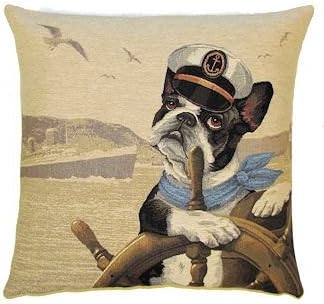 Derhamstore jacquard woven belgian tapestry cushion boston terrier french bulldog sailor dog