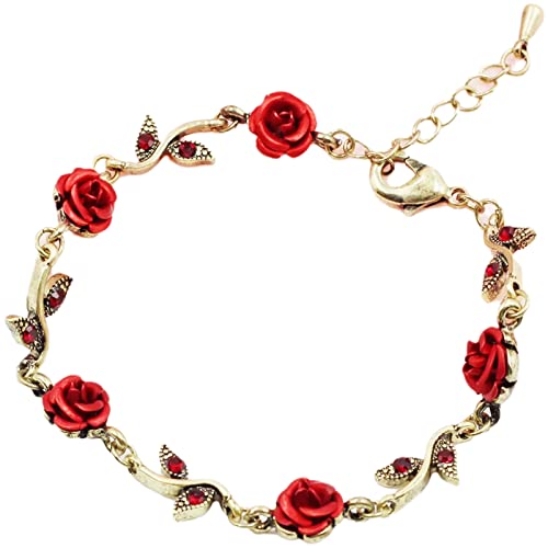 MLEPUS Red Rose Flower Link Charm Bracelets for Women Vintage Exquisite Rose Necklace Pendant Bracelet Set Clothing Accessories Festival Party Birthday Wedding Mother's Day Christmas Gift