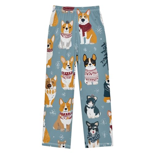 Corgi Dogs Winter Snow Boys Long Pants Soft Trousers Elastic Waist Kids Lounge Bottoms with Pockets S-XL