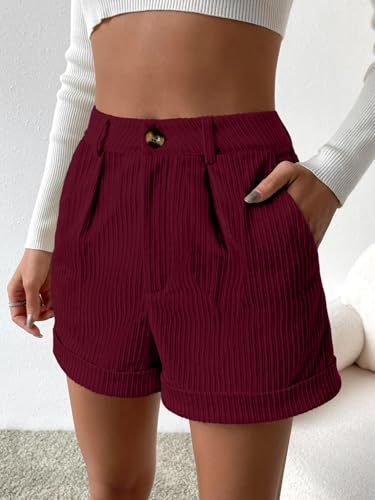 Image of Leriya Fashion Women's High Waist Tailored Shorts, Ribbed Poly Lycra Blend Summer Shorts with Pockets & Button Closure, Elegant Folded Hem Casual Wear for College, Brunch & Daily Outings