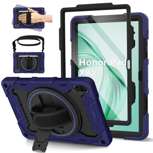 ROSROME for Honor Pad X8a/X8b Case 11 inch 2024/2026 with HD Screen Protector Shockproof Heavy Duty Cover with 360Rotating Stand/Shoulder Strap/Hand Strap/Pen Holder for Honor X8a Tablet Navy Blue