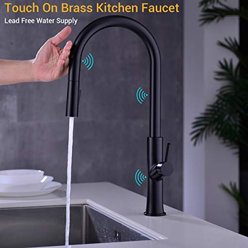 Touch-On Kitchen Faucet With Pull Down Sprayer Single Handle Brass Touch Activated Kitchen Sink Faucet With 2-Way Pull Out Sprayer, Lead-Free Water Supply, Kpf-1322B-T, Matte Black #TOP1