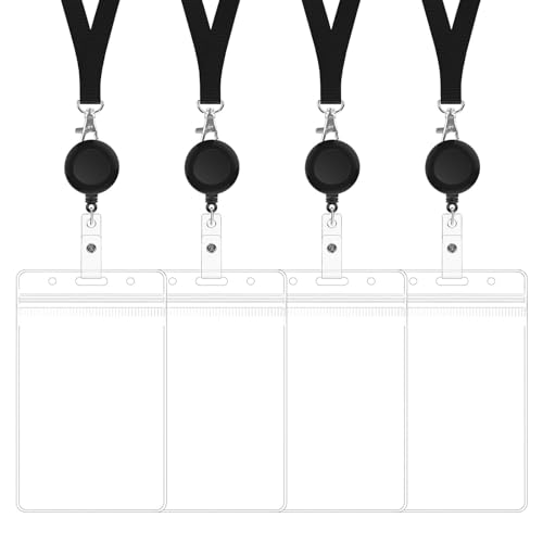 IDカードホルダー 4枚入り リール式 吊り下げ名札 ネームホルダー 伸縮リール ネックストラップ 縦型 ICカード/名刺/社員証/定期入れ ブラック タイプ:縦型