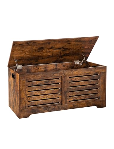 DINZI LVJ Storage Chest, 43.3” Wooden Toy Box with 2 Safety Hinges, Retro Entryway Shoe Storage Bench with Flip-Top, Sturdy Large Storage Trunk for Living Room, Bedroom, Easy Assembly, Rustic Brown