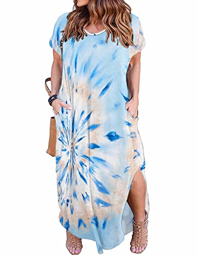 Image of Kancystore Women's Plus Size Dresses Summer Casual Loose Pocket Short Sleeve Slits Long Maxi Dress XL-5X