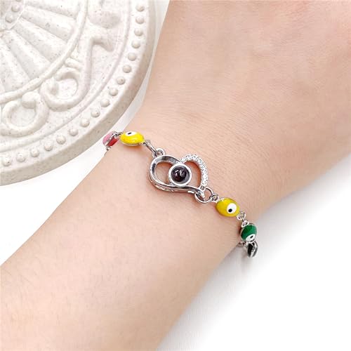 Image of 100 Languages I Love You Projection Heart Charm Evil Eye Chain Bracelet Adjustable Good Luck Jewelry Valentine's Day Anniversary Birthday Protection Gift for Women Mom Wife