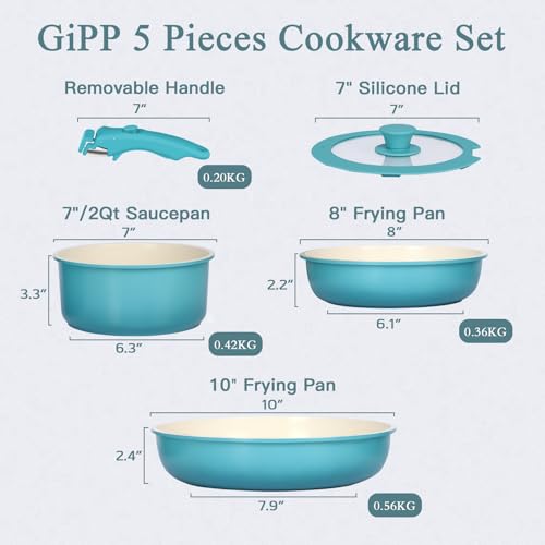 Image of GIPP 5pcs Pots and Pans Set Non Stick, Nonstick Cookware Set Detachable Handle, Ceramic Pots for Cooking Non Stick with Removable Handle, RV Cookware Set for All Stoves, Light Blue Gradient