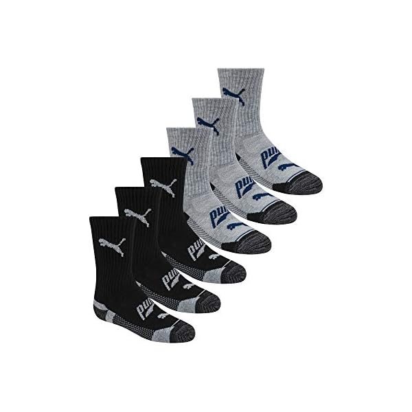 PUMA boys 6 Pack Crew Cut Socks, Grey/Navy, 7-8.5