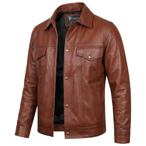 Image of Vintage Style Trucker Leather Jacket Men Real Lambskin Vintage Trucker Shirt Collar Mens Leather Jackets