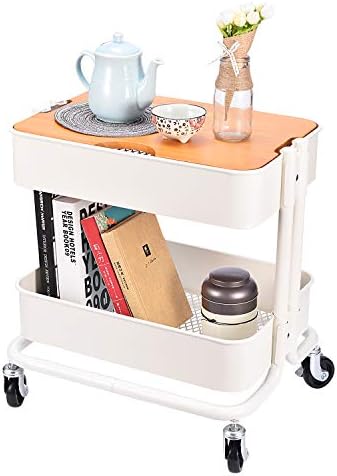 2-Tier Metal Utility Rolling Cart Storage Side End Table with Cover Board for Office Home Kitchen Organization, Cream White