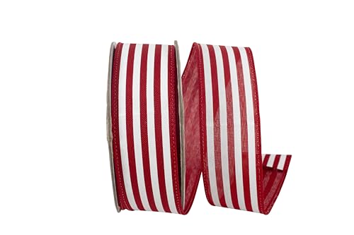 Reliant Ribbon Striped Linen Value Wired Edge Red/White 1-1/2 Inch 10 Yards