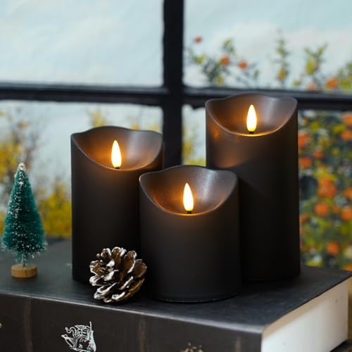 Image of Nimiko Flameless Candles with Remote, Battery Operated Flickering Flameless Candles, LED Candles with Timer 2 /4 /6 /8H, with Realistic LED Candles Set of 9 (D3 x H 3 inch 4 inch 5 inch 6 inch 7 inch) (Black)
