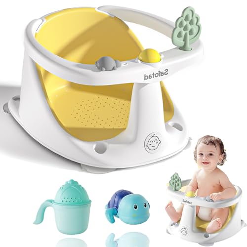Baby Bath Seat with Bath Cap, Comfortable Baby Bath Chair for Babies 6 Months & up, Infant Bath Seat with Soft Cushion & Suction Cups, Non-Slip Bath Seats for Babies Sitting Up, Yellow