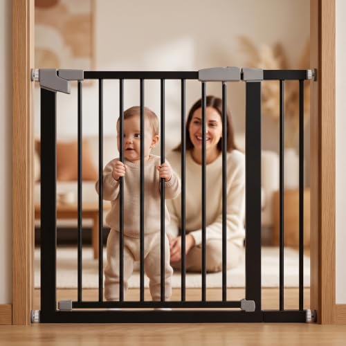 Image of StarAndDaisy Baby Safety Gate for Stairs, Doorways & Hallways, Child Safety Gate with Dual Lock, Auto-Close, No Drill Pressure Mount, Staircase Gate Baby Safety | Safety Gate for Kids Home | Black