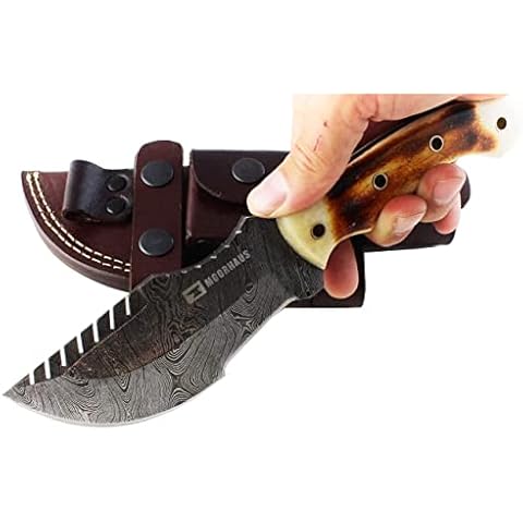Moorhaus Handmade Damascus Burnt Camel Bone Tracker Knife with Leather Case Cover