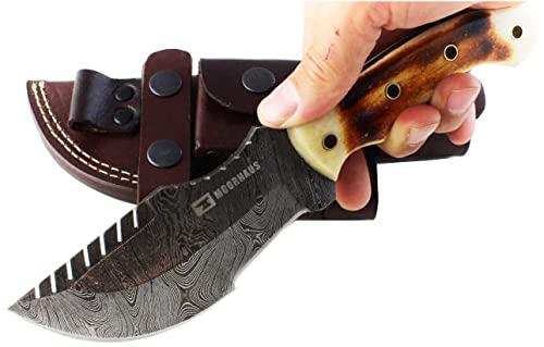 Moorhaus Handmade Damascus Burnt Camel Bone Tracker Knife with Leather Case
