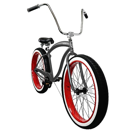 MICARGI Largo 29 Inch Beach Cruiser Bike for Adults, 7 Speed Fat Tire Bicycle with High Rise Handlebars, 29x3.0 Wide Tire Commuter Cruiser Bike for Men Women(m Gray red)