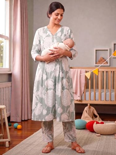 Image of RITIJYA Pure Cotton Feeding Kurta Pant Set for Women | Floral Anarkali Pregnancy Dress with Concealed Nursing Zipper Side Pocket | Pre & Post Partum | Maternity Dresses | Baby Shower Outfit