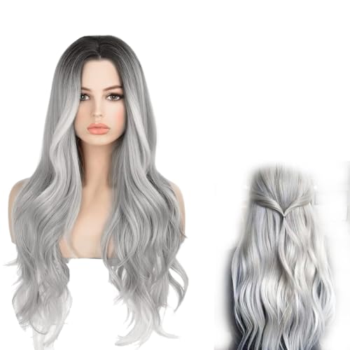 Bukezudang Pelucas Para Mujeres, Pelucas Pelo Largo Liso Gris, Largas Ombré y Blanca Gris Natural, Adecuadas Para Uso Diario