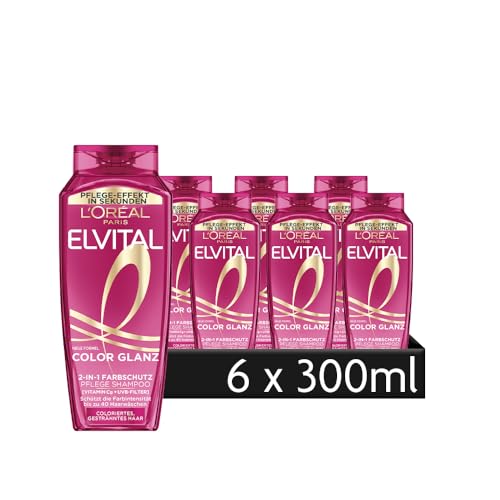 Champú y acondicionador L'Oréal Paris Elvital para cabellos teñidos o con mechas, con aceite de linaza y filtro UVA/UVB, color brillo 2 en 1, 6 x 300 ml
