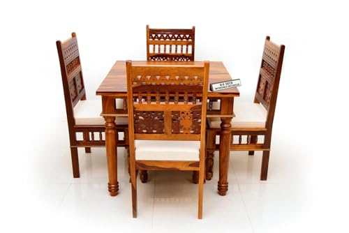 Image of RK Deck Solid Sheesham Wood Traditional Dining Table 4 Seater | Wooden Four Seater Dinning Table | Chairs with Cushion | Dining Room Sets for Restaurants (CNC-Style-02, Honey Finish)