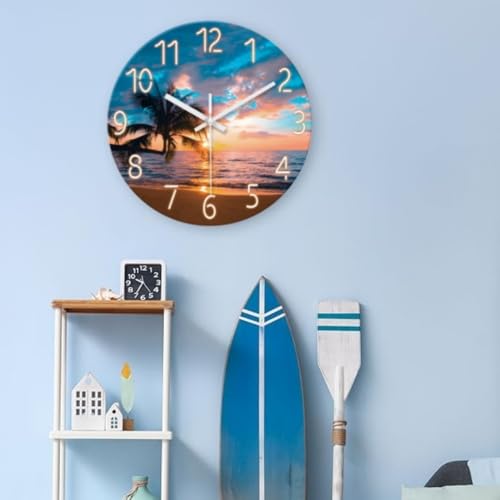Image of XFM Beach Wall Clocks Battery Operated 12 Inch Sunset Nautical | Palm Tree Round Glass Silent Analog Coastal Wall Clocks for Bedroom Living Room Office Kitchen Decor Non Ticking