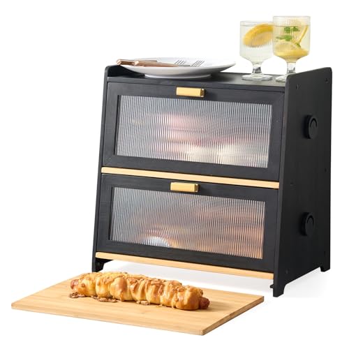 2-Tier Large Bread Box for Kitchen Countertop – Double Wooden Bread Storage Container with Bamboo Cutting Board & Adjustable Air Vents, Midnight Black (Space Saving Corner Bread Box)