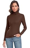 Women's Long Sleeve Casual Lightweight Turtleneck Top Slim Fit Thermal Active Layer Shirts Coffee Medium