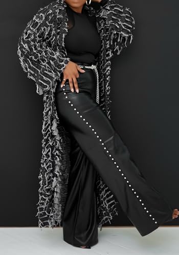 Tbahhir Women's Classic Ripped Long Jean Jacket Cardigan Open Front Duster Loose Outerwear Distressed Denim Trench Coat4