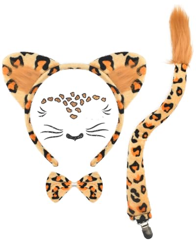 KINTOMG 4 PCS Leopard Ears and Tail Set for Kids and Adults-Halloween Christmas Festival Theme Party Cosplay Cheetah Costume Accessory