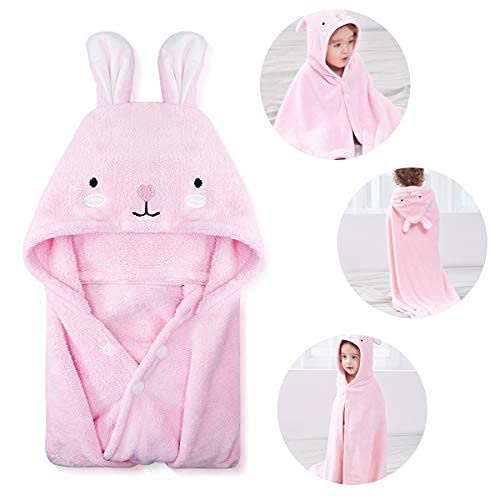 Romasa Toddler Hooded Bath Towel Ultra Soft Towel Highly Absorbent Bathrobe Blanket For Boys Girls- 27.5" X 55"(Pink Rabbit-Shape) #TOP6