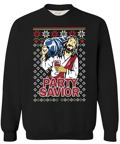 Image of Mainfini Adult Ugly Xmas Sweatshirt Classic Xmas Fleece Jesus Party Savior Black Graphic Sweater Loose Fit Cotton Pullover M