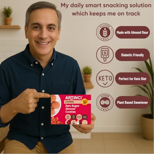 Artinci Sugar Free Almond Cookies (185g x 2), No Maida, Diabetic Friendly Digestive Biscuits, Gluten-Free, High Protein and High Fiber, Keto & Weight Loss Diet Snacks, Healthy Sugarfree Cookies