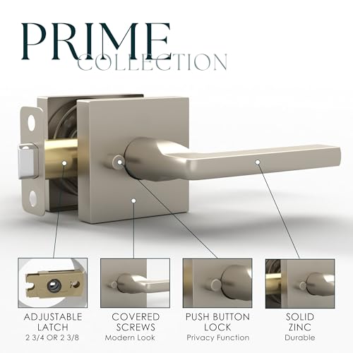 Image of Mega Handles Prime Privacy Door Handle - 2 Pack Reversible Brushed Nickel Door Handles, Heavy Duty Bed & Bath Door Handles with Privacy Door Lock, Fits All Standard Doors - Satin Nickel
