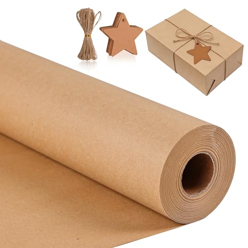 Kraftpapier Rolle Set 25m x 43cm 80g/m Packpapier Braun mit 10m Juteschnur & 25 Stern Geschenkanhänger Geschenkpapier Rolle für Basteln DIY & Geschenkverpackung