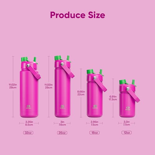 Image of ENCOOL Kids Insulated Water Bottle with Straw - 12oz Stainless Steel Water Bottle with Dual Spouts, Leak-Proof, BPA-Free, Double Wall Vacuum Keeps Cold for 24 Hours for Sports, Travel (Knockout Pink)