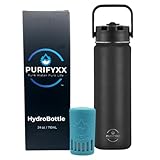PURIFYXX HydroBottle | Stainless Steel Filtered Water Bottle, 24 oz | BPA-Free, Removes Lead, Chlorine, Arsenic, VOCs | Filter Lasts 3 Months, Replaces 568 Plastic Bottles (Black)
