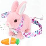 Sprstar Easter Bunny Toy,Bunny My Realistic Bunny Toy,Hopping Rabbit Plush Bunny Toy,with Sounds and Movements Animated Walking Wiggle Ears Twitch Nose Gift for Toddlers Birthday(Pink Rabbit + Leash)