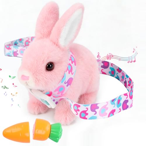 Sprstar Easter Bunny Toy,Bunny My Realistic Bunny Toy,Hopping Rabbit Plush Bunny Toy,with Sounds and Movements Animated Walking Wiggle Ears Twitch Nose Gift for Toddlers Birthday(Pink Rabbit + Leash)