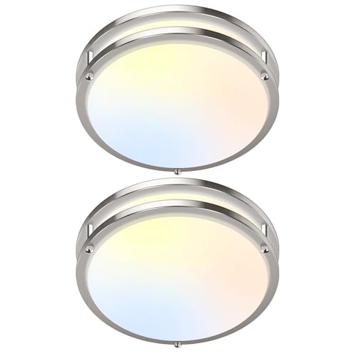 Image of GoBright 2-Pack 10 Inch Bathroom Light Fixtures Ceiling Mount, 30W 3200lm Super Bright LED 2700K /3000K /4000K /5000K /6500K Adjustable Dimmable Kitchen Hall Ceiling Lamps, Brushed Nickle