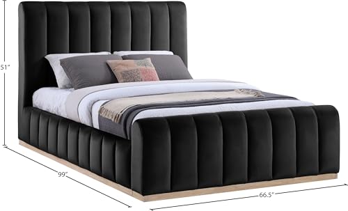 Image of Meridian Furniture AmaraBlack-Q Collection Modern | Contemporary Queen Bed, Ultra Luxe Black 460 GSM Velvet, Natural Finish, Solid Wood Base and Inner Frame, 66.5 inch W x 99 inch D x 51 inch H, Black, Queen