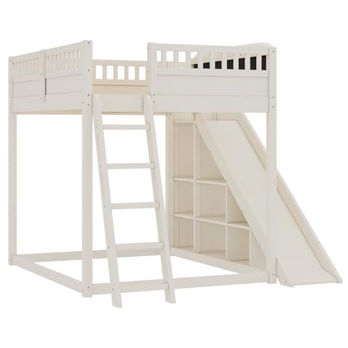 Image of Bellemave Bunk beds Full Over Full with Slide and Stair and headboard, Low bunk /loft Bed for Kids,Beige