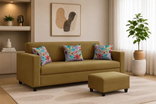 Image of Rosebell 3 Seater Sofa with Ottoman | Living Room Couch | with Printed Cushions | Sofa for Home, Apartment & Office-Golden Color