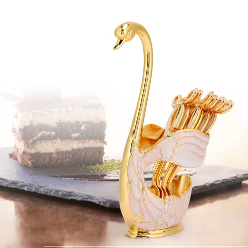 Juego de Cucharas de Café, 11 Cm de Largo, 6 Cucharas de Café con Soporte para Cucharas de Café de Cisne de 8 Cm X 15,5 Cm, Juego de Cucharas de Azúcar de Postre con Diseño Pulido(Blanco dorado) Cover