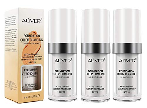 3Pcs Flawless Colour Changing Warm Skin Tone Foundation,Naturally Blends Moisturizing foundation makeup,Long Lasting Waterproof Poreless Liquid Foundation SPF 15 for Face Makeup