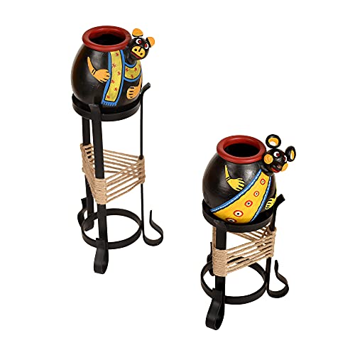 Image of AAKRITI ART CREATIONS Animal Heads Multipurpose Pots with Metal Stands | Set of 2 Decorative Planters | Black & Yellow Modern Art Pots | Matte Finish Home Decor Items for Table Decor & Gifting