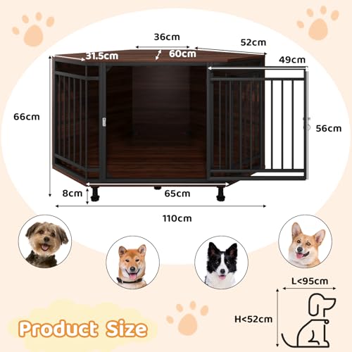VOWNER Ecke Hundekäfig, Holz Hundebox mit abschließbarer Tür, Möbelstil Haustierbox für Zuhause, Leicht zu reinigen und platzsparende für kleine/mittlere Hunde, 110 X 66 X 60 cm, Dunkles Walnussholz